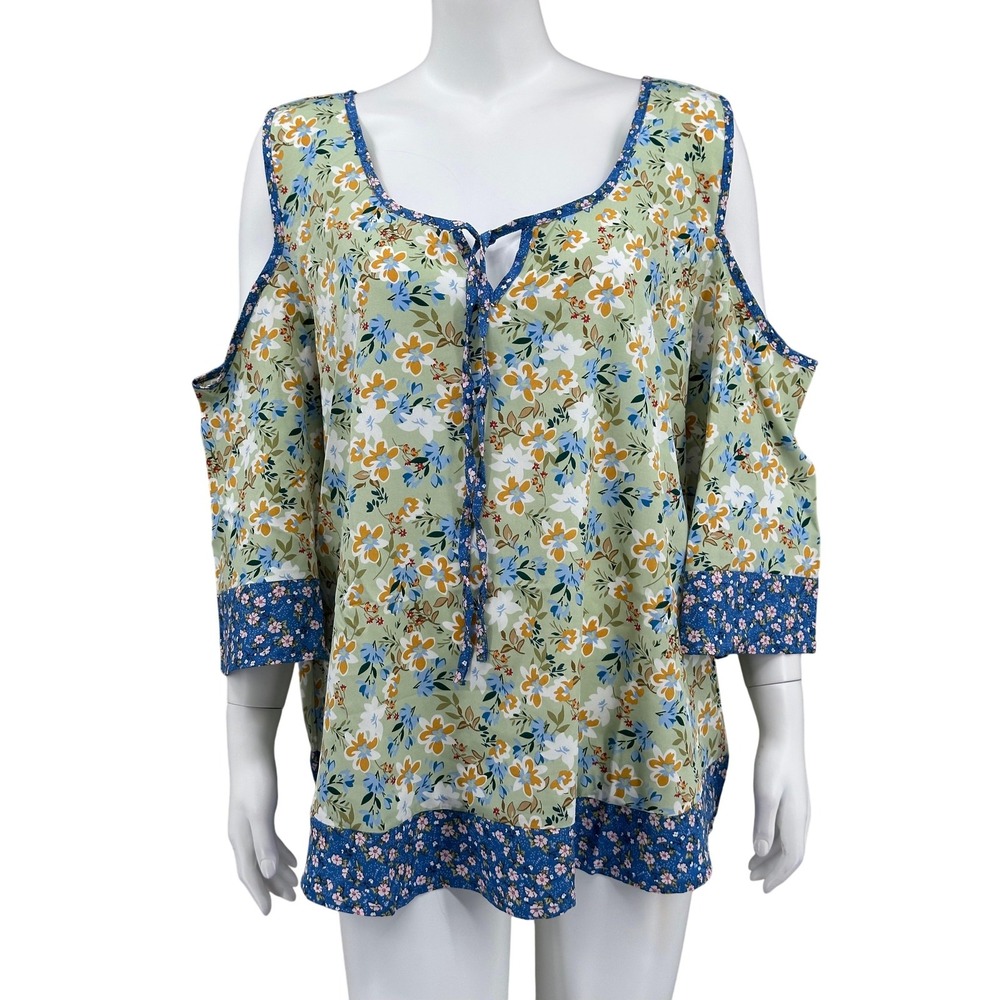 Weekend Suzanne Betro Top Women 2XL Green Floral Cold Shoulder Boho Spring Sheer